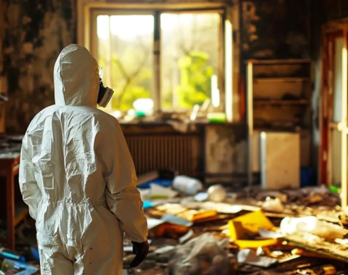 Person in a hazmat suit standing in a heavily cluttered room for hoarder clearance